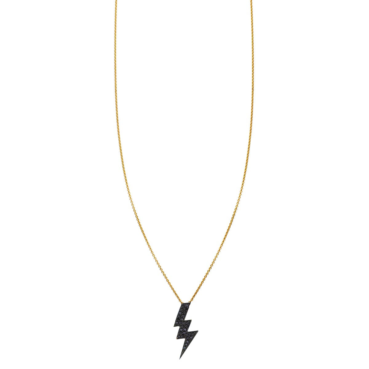 Large 20mm black diamond lightning bolt pendant on simple 14k gold chain, sleek and striking necklace.
