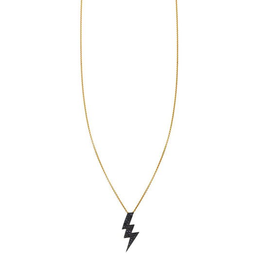 Large 20mm black diamond lightning bolt pendant on simple 14k gold chain, sleek and striking necklace.