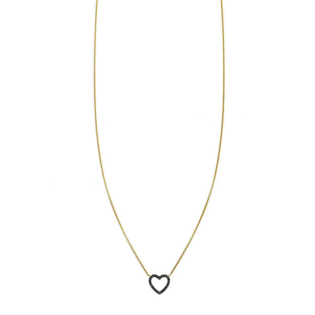Large 14k yellow, white or rose gold black diamond open heart necklace, handcrafted in NYC