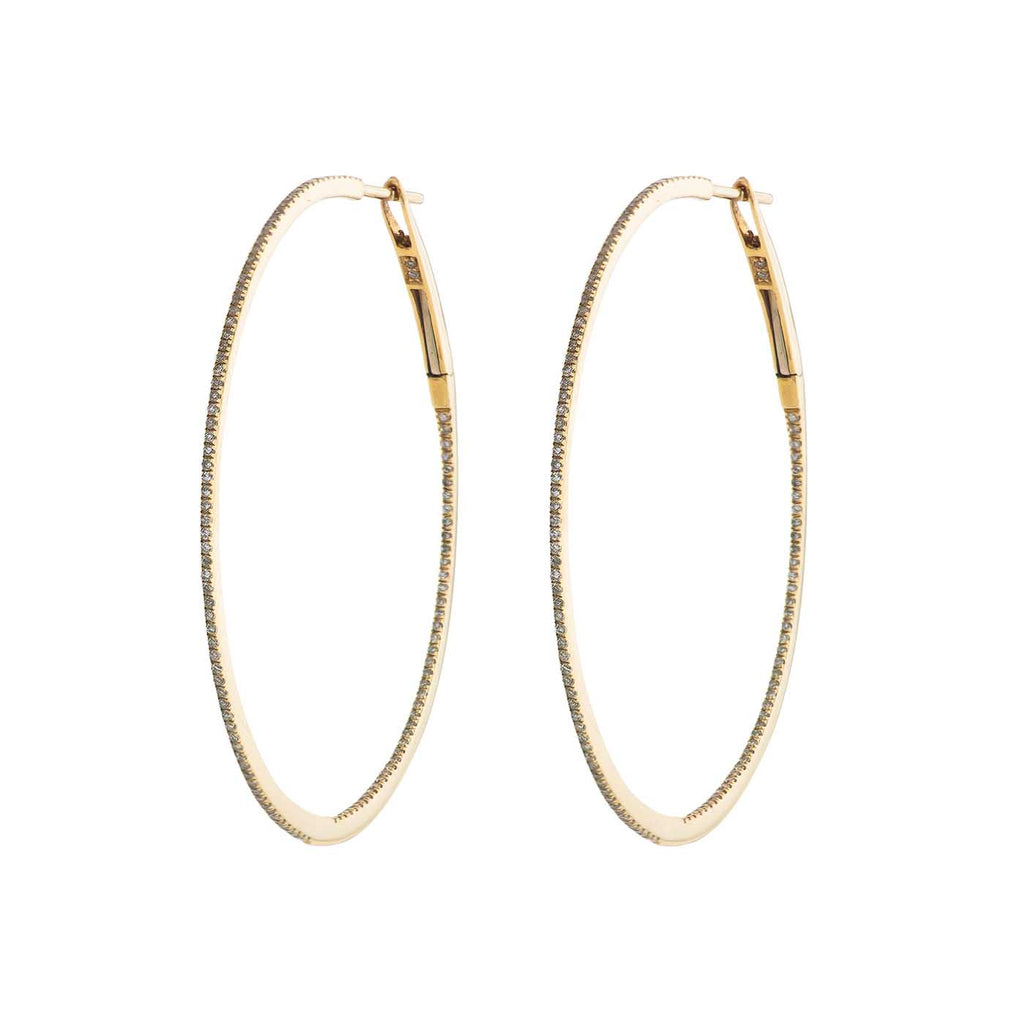 18K gold large diamond pave hoop earrings, 43mm statement hoops, modern classic sparkle; also in 38mm and 18mm sizes