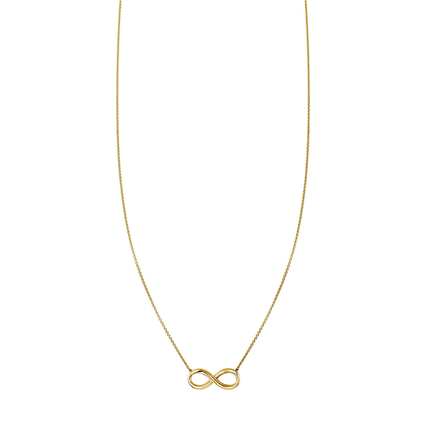 14k gold infinity sign charm necklace with delicate lemniscate pendant, handcrafted in NYC, symbol of endless love and hope