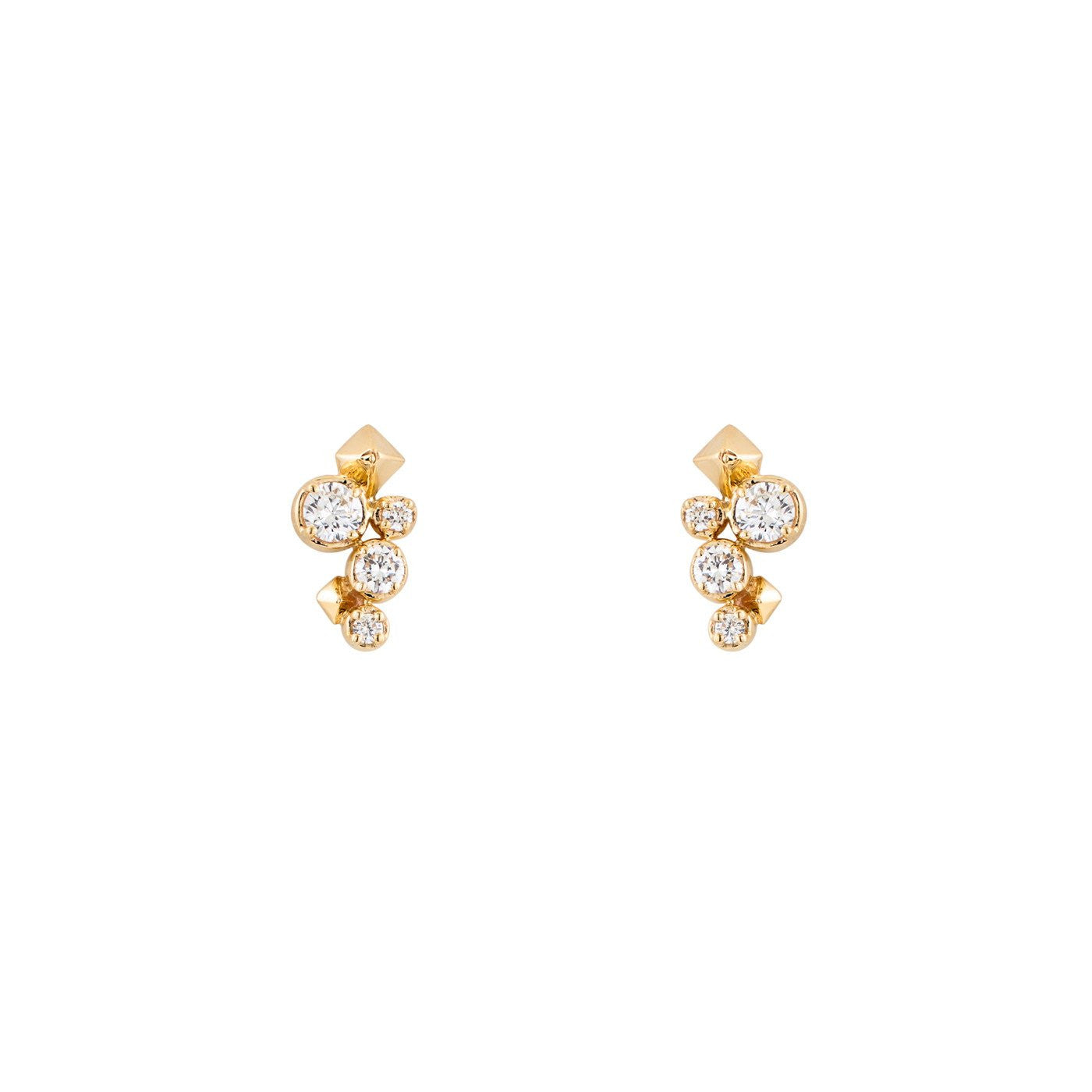 Large pyramid spike and diamond stud earrings in 14k yellow, white or rose gold - bold, edgy luxury with brilliant sparkle.