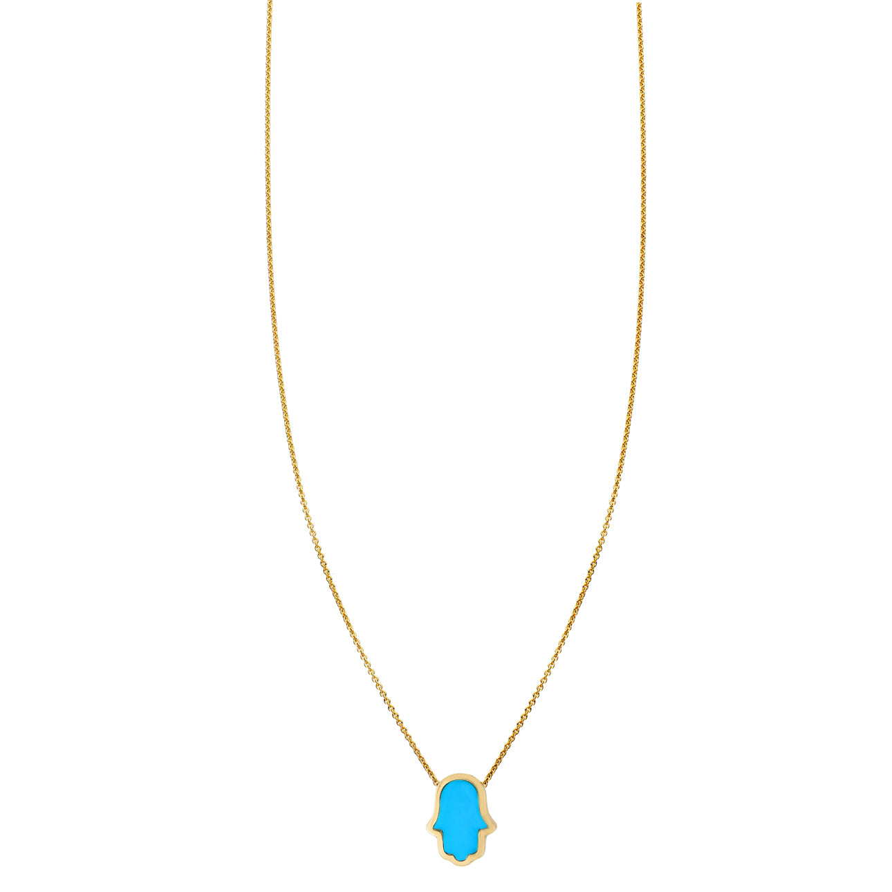 Turquoise-inlaid Hamsa hand necklace in 14k yellow, rose, or white gold, protective symbol pendant, unique gemstone