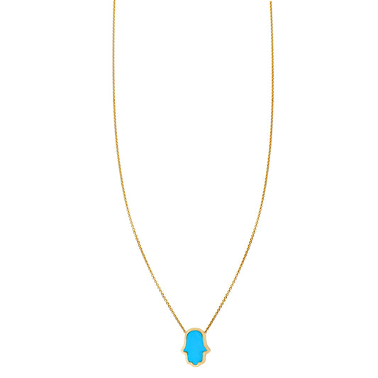 Turquoise-inlaid Hamsa hand necklace in 14k yellow, rose, or white gold, protective symbol pendant, unique gemstone