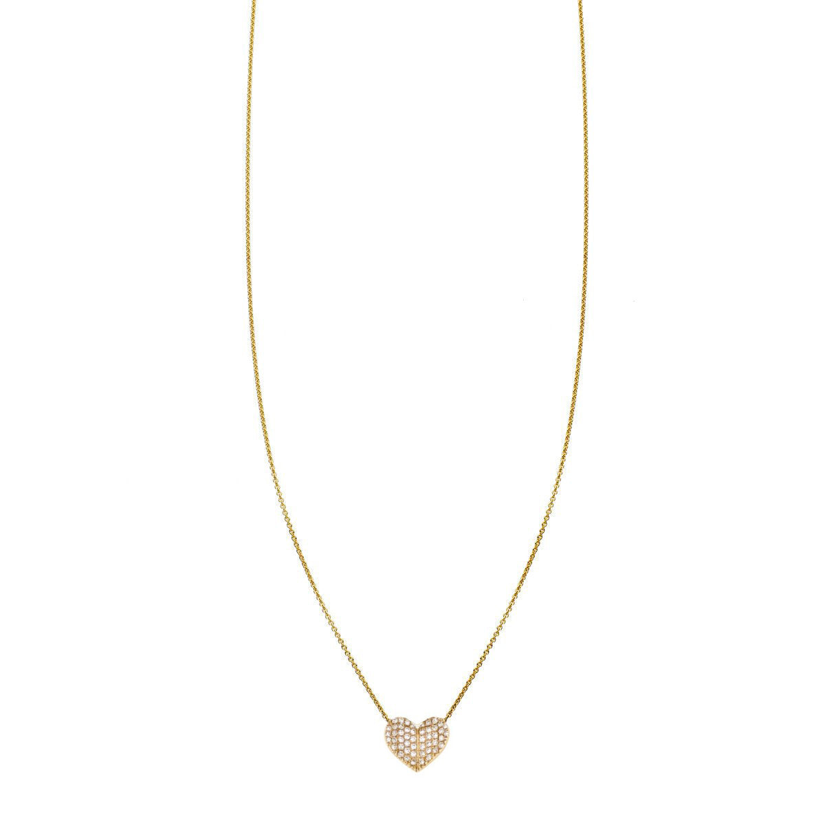 Large white diamond folded heart necklace in 14k yellow, white, or rose gold with 3D design that sparkles
