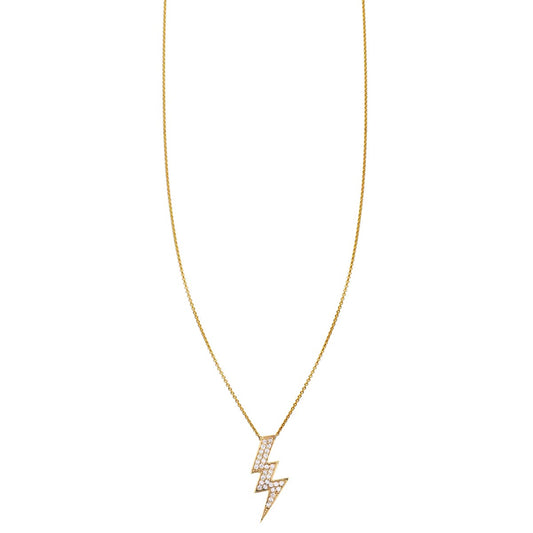 Large 20mm white diamond lightning bolt necklace on a simple 14k gold chain, in yellow, white, or rose gold