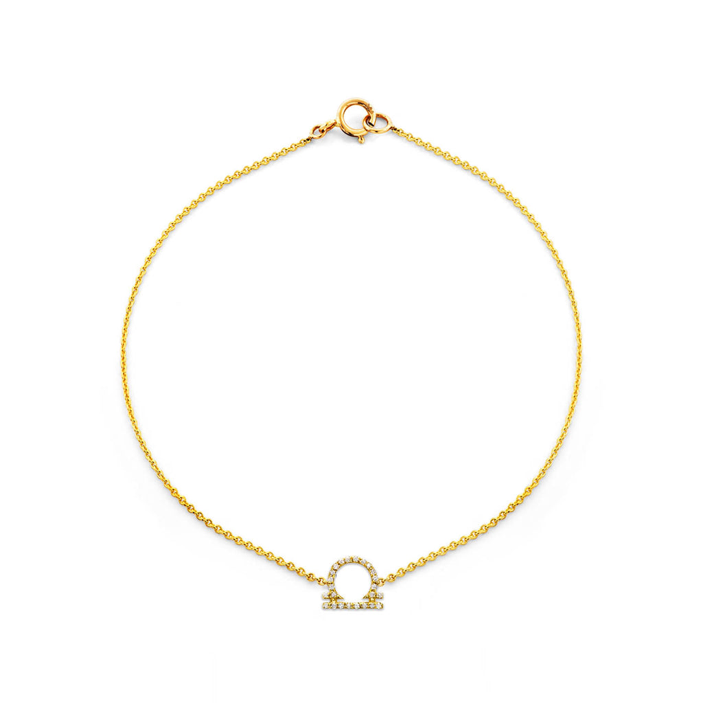 Phoenix Roze Libra diamond zodiac bracelet in 14k gold; weighing scales constellation pendant, rose/white/yellow gold