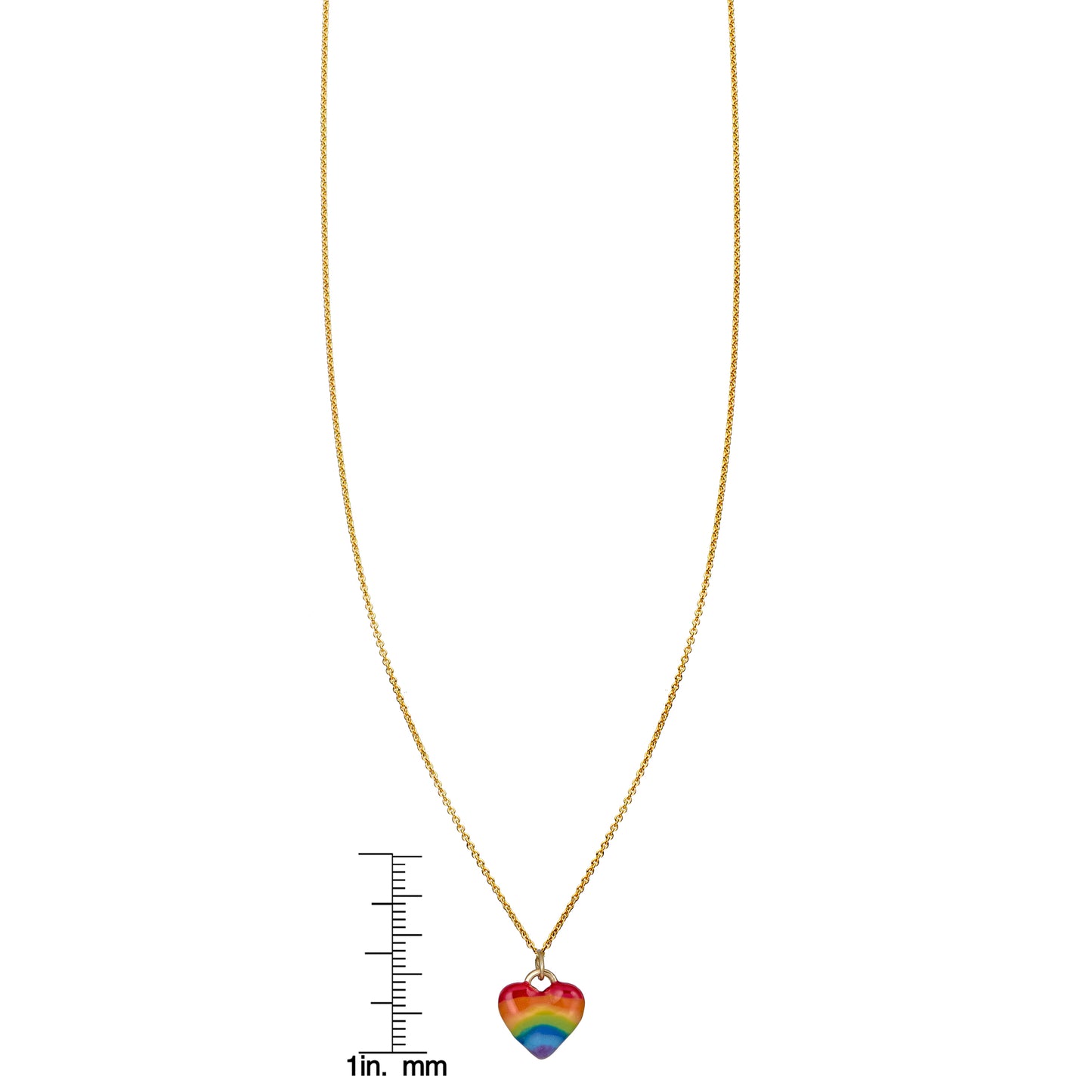 Phoenix Roze limited edition large enamel gold rainbow heart necklace shown with ruler for size
