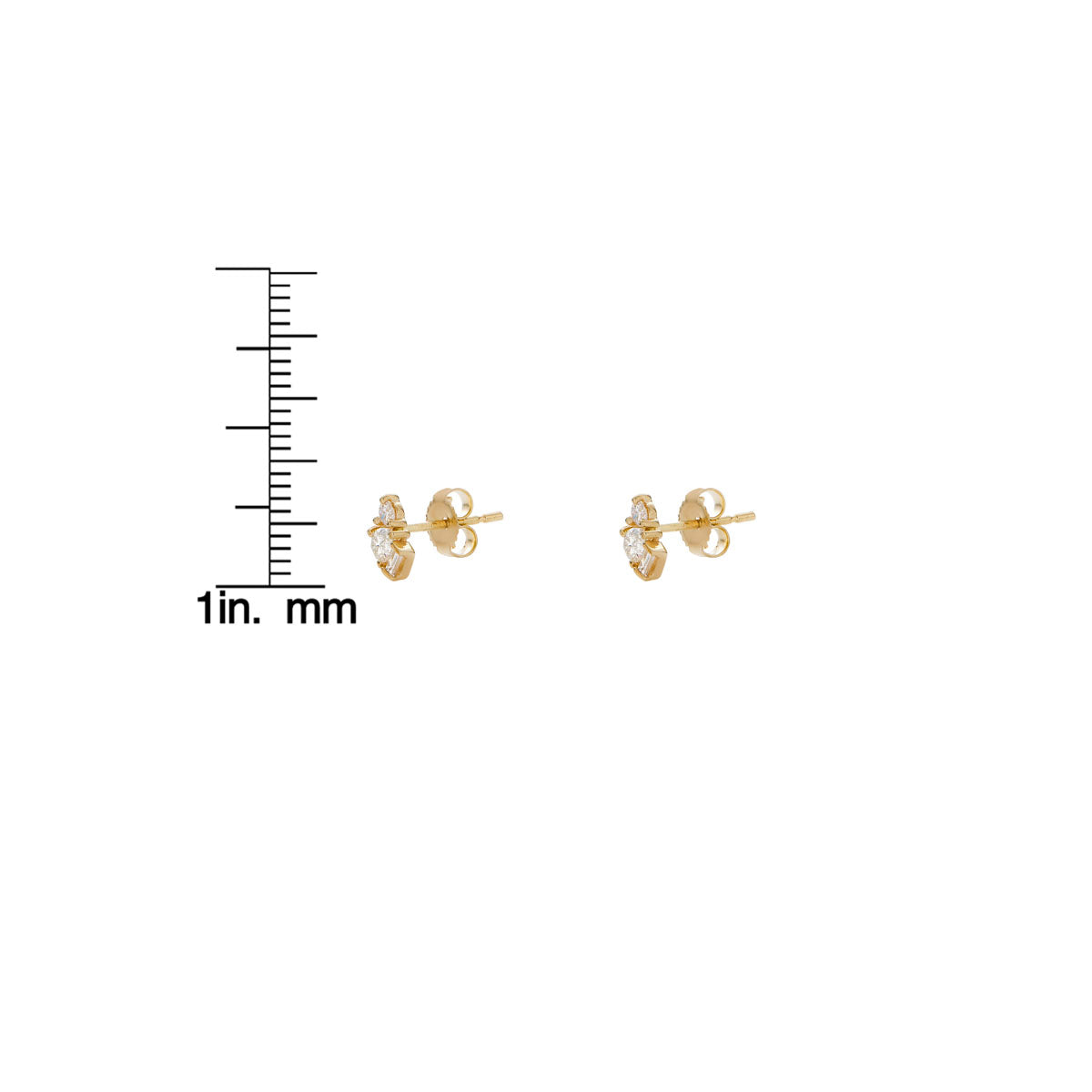 Side view of marquise, baguette, and round diamond gold stud earrings by Phoenix Roze