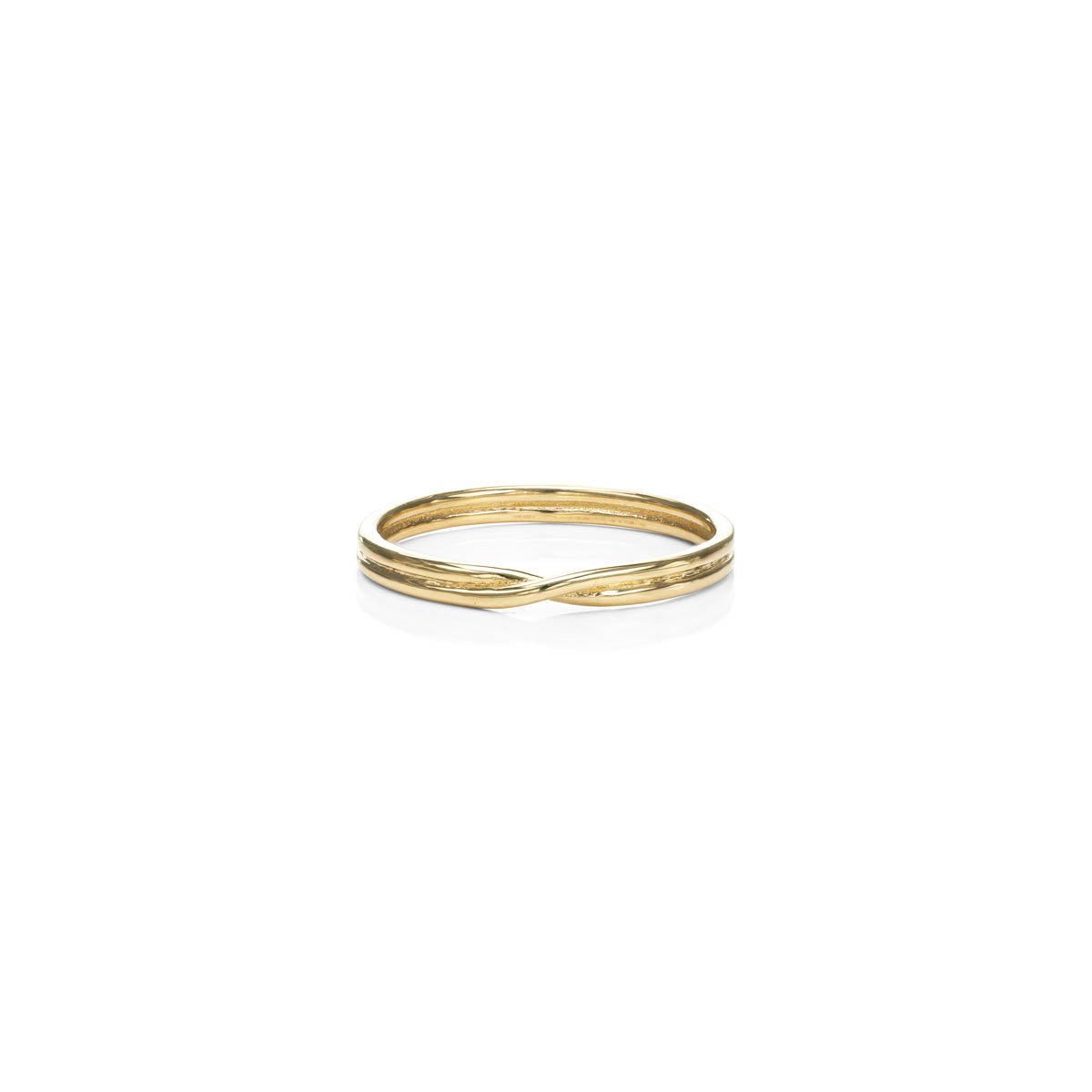 Minimalist 14k yellow gold crossover ring with two delicate parallel bands that cross for a modern, chic look