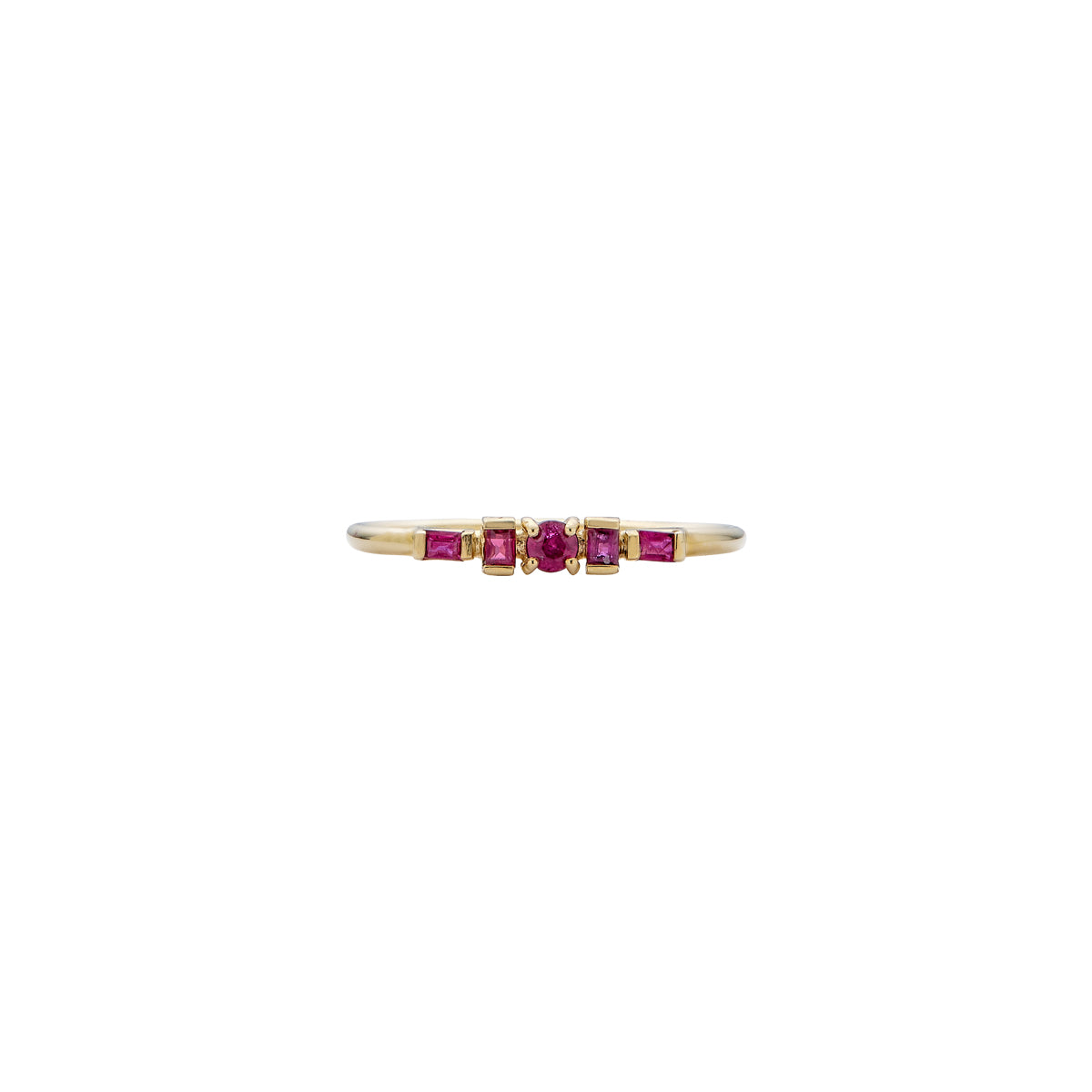 Phoenix Roze five pink rubies in solid 14k gold multi-bar ring, July birthstone, yellow, white, or rose gold band.