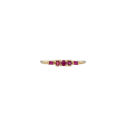 Phoenix Roze five pink rubies in solid 14k gold multi-bar ring, July birthstone, yellow, white, or rose gold band.