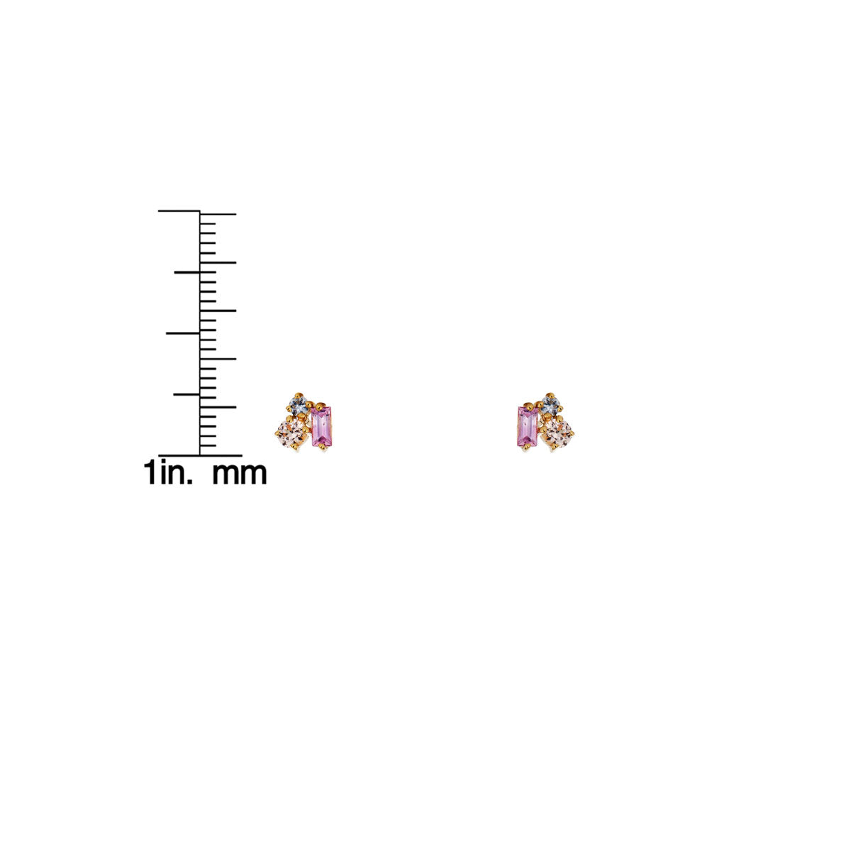 Multi-color sapphire cluster gold stud earrings beside a ruler for size reference
