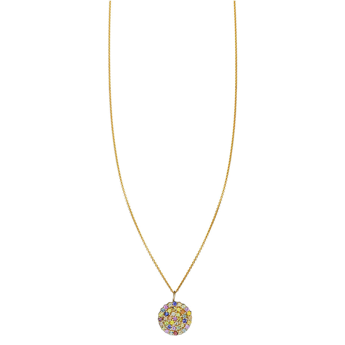 Multicolor sapphire mandala necklace in 14k yellow gold, 12.5mm pendant—vibrant rainbow sparkle wearable art