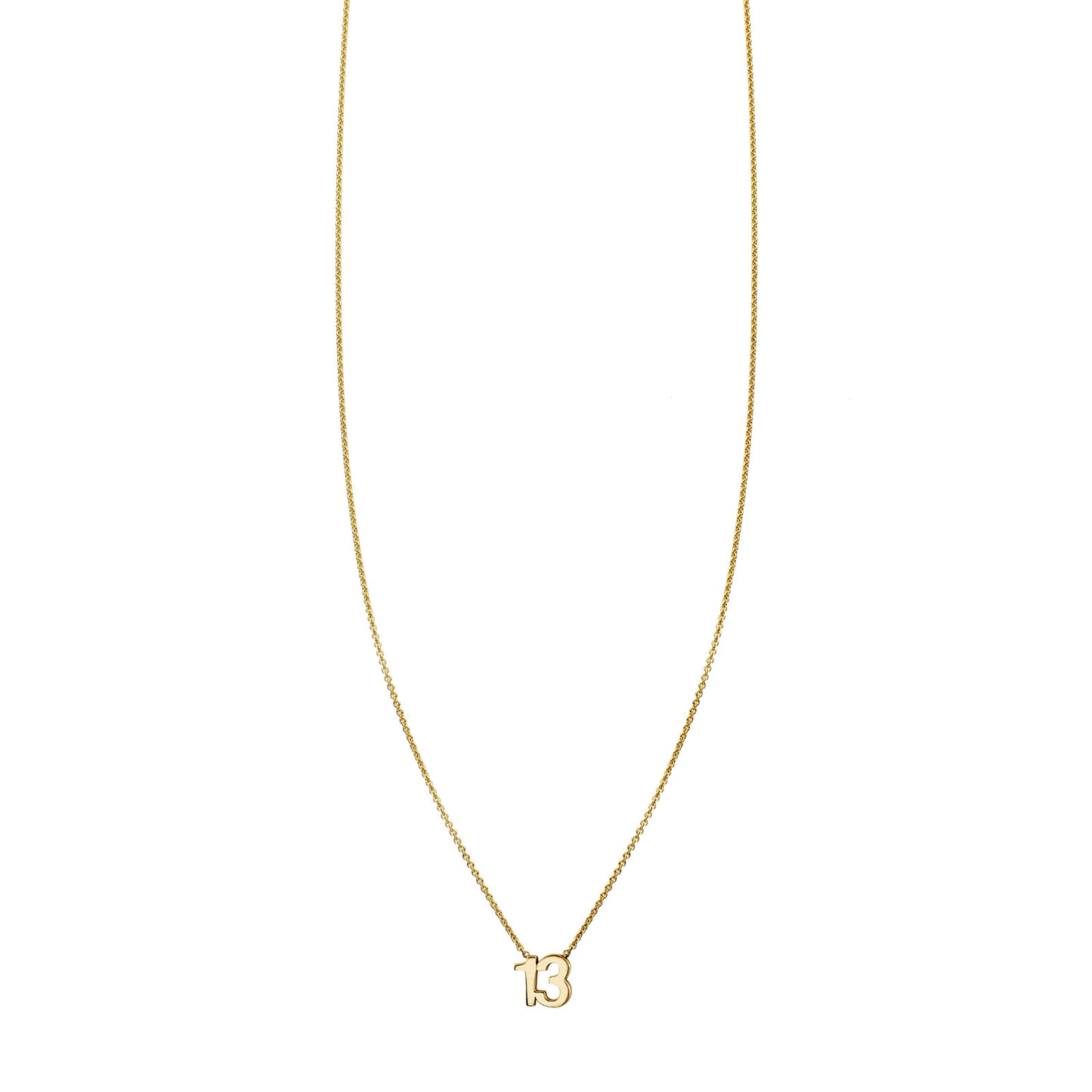 Handcrafted 14k gold number 13 necklace in yellow, white or rose gold, NYC-made goth-inspired lucky charm pendant