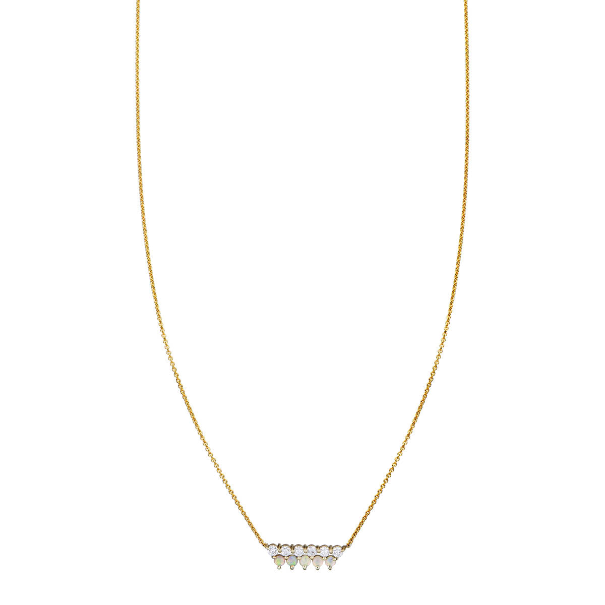 14k white gold double bar necklace with row of diamonds over opal gems, 15mm pendant