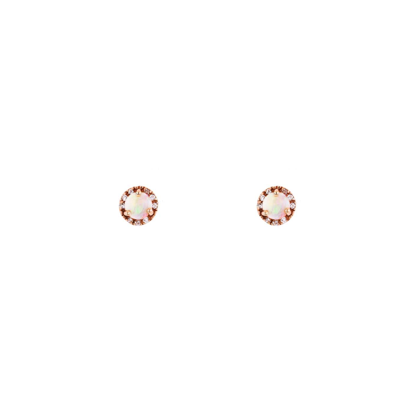 Opal diamond stud earrings in 14k yellow gold with white opal and diamond halo, 6mm circular studs