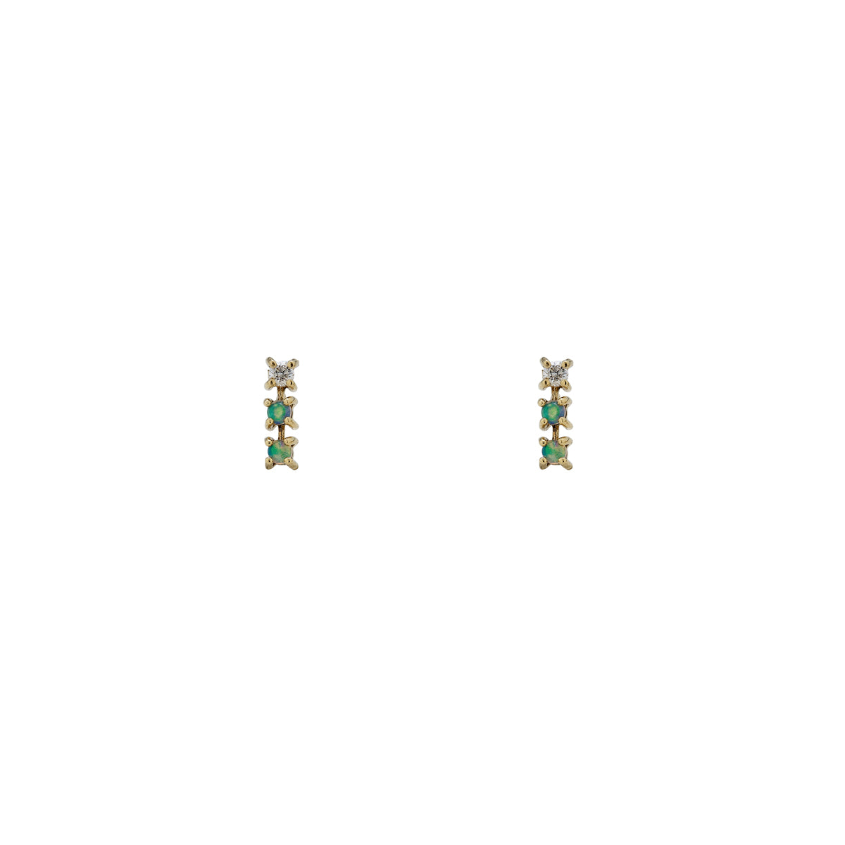 Opal and diamond triple line earrings in 14k gold—blue opals trailing a diamond, available in yellow or rose gold