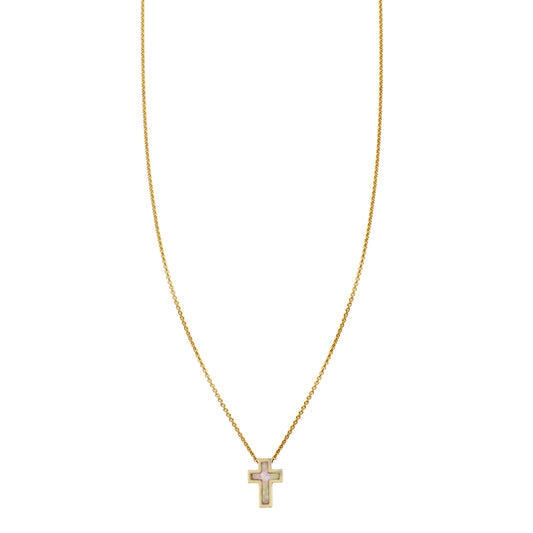 Tiny opal-inlaid cross pendant necklace in solid 14k yellow, white, or rose gold by Phoenix Roze