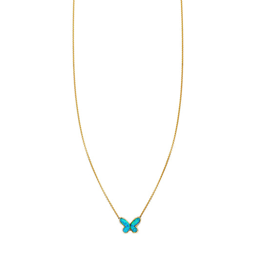 Opal inlaid folded butterfly pendant necklace in 14k gold with blue opal stone on chain by Phoenix Roze