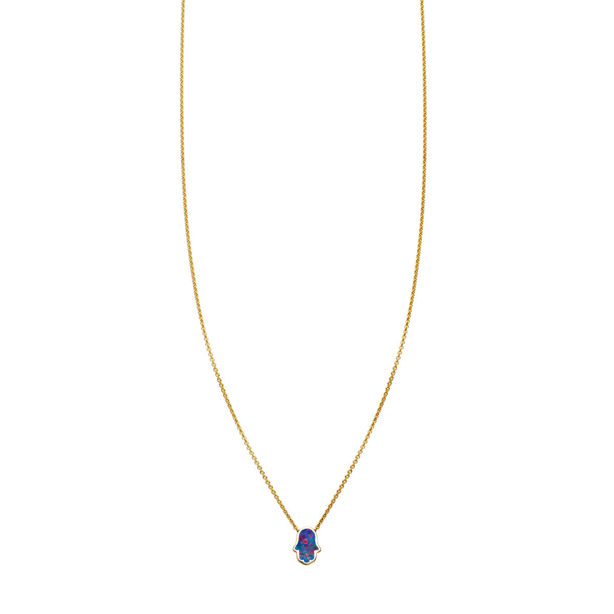 14k solid gold opal-inlaid Hamsa hand necklace, 7mm pendant with opal center; yellow, rose, or white gold by Phoenix Roze.