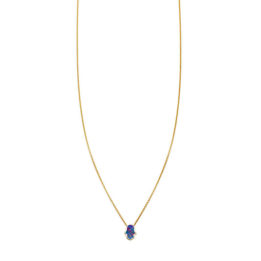 14k solid gold opal-inlaid Hamsa hand necklace, 7mm pendant with opal center; yellow, rose, or white gold by Phoenix Roze.