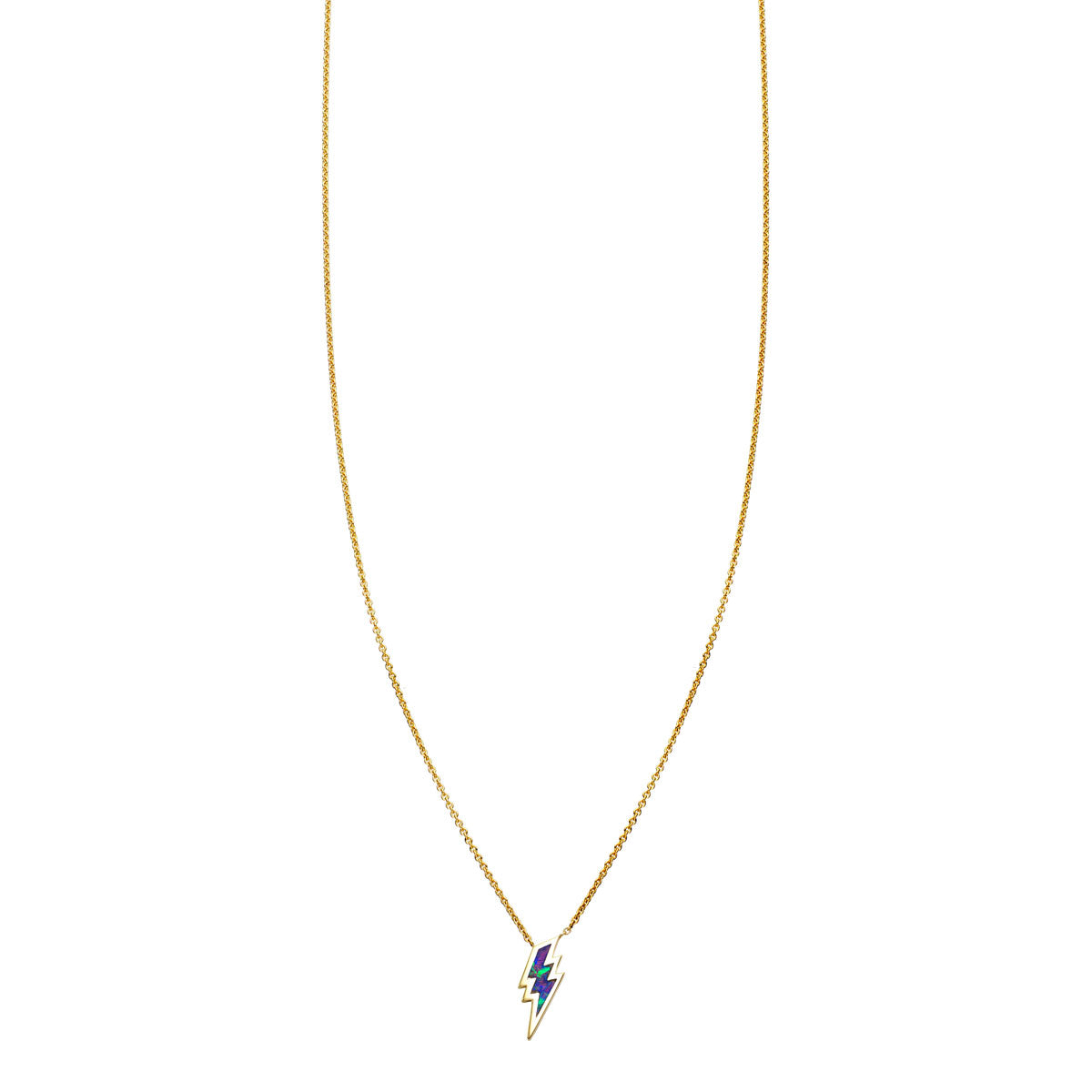 Opal inlay lightning bolt necklace in solid 14k yellow, white, or rose gold; each opal unique