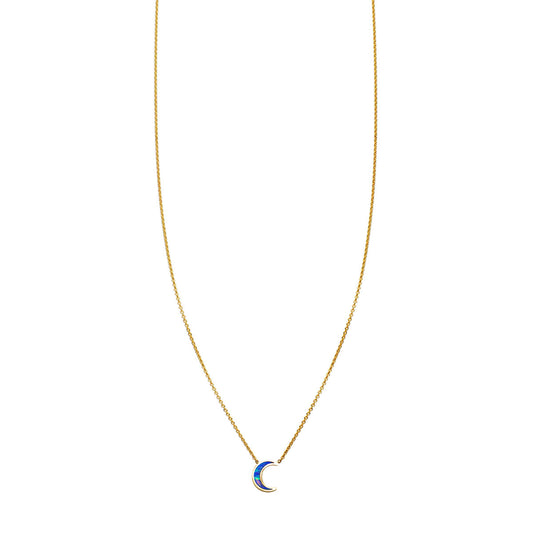 Solid 14k gold opal-inlaid moon necklace, 8mm crescent pendant on delicate chain in yellow, white or rose gold