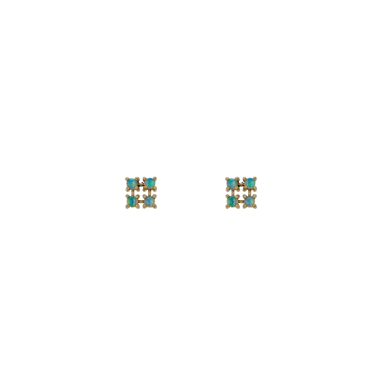 Opal square stud earrings in 14k gold with four prong-set blue-green opals, available in yellow or rose gold.