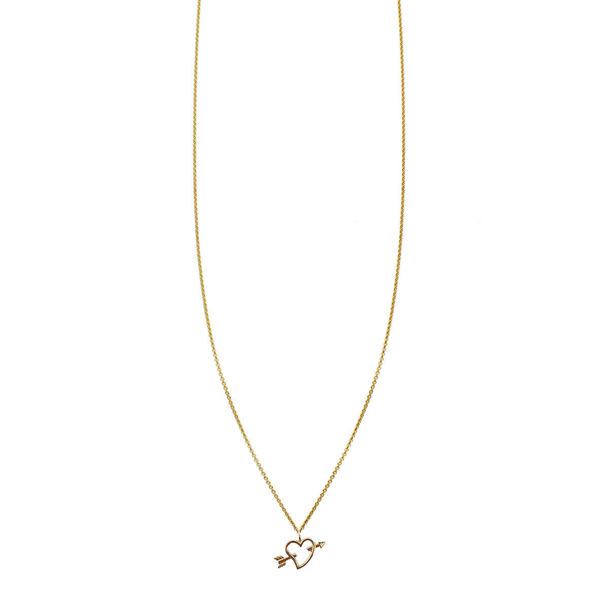 14K gold open heart and arrow charm necklace—handmade pendant symbolizing love, strength, and direction.