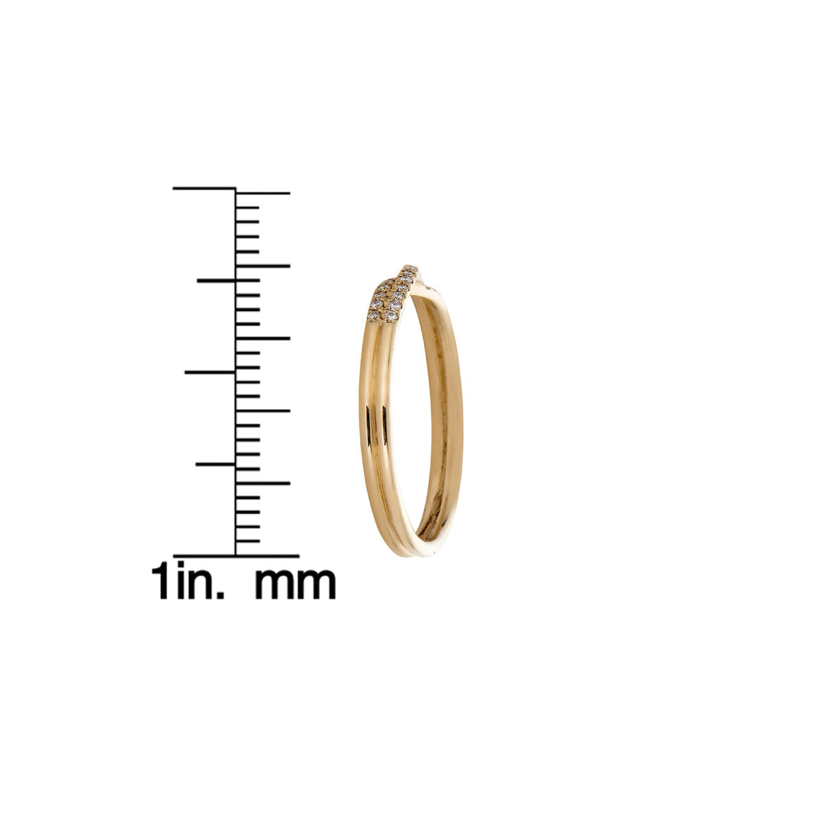 Pave diamond crossover gold ring, side view with measurements