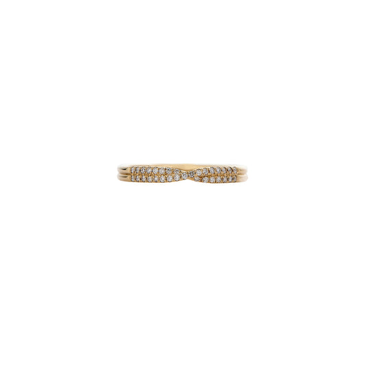Pavé diamond crossover gold ring in solid 14K, slim and understated with elegant sparkle; perfect alone or stacked.