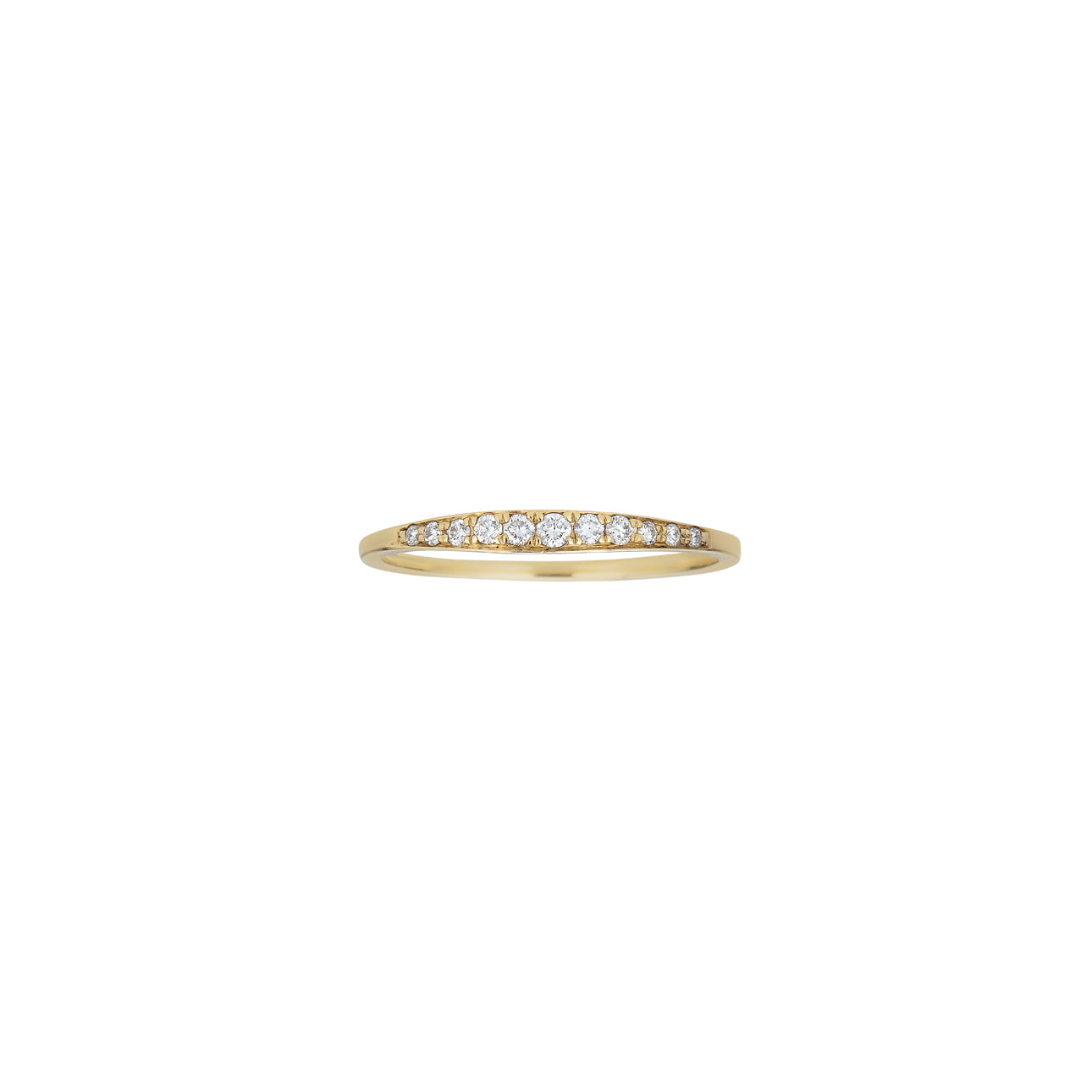 Subtle yet glamorous pavé diamond tapered gold band ring with 11 diamonds, stackable in 14k rose, white, or yellow gold.