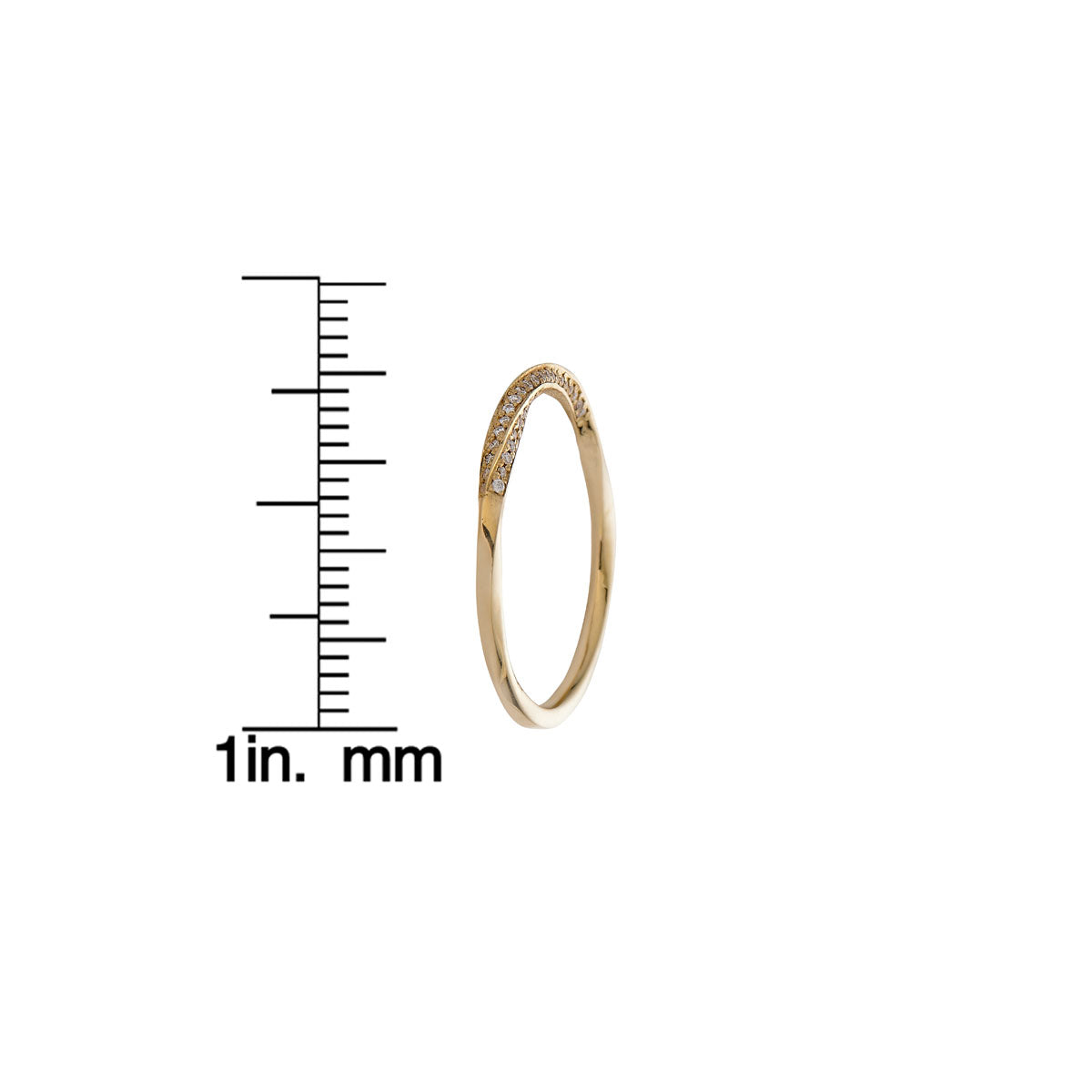 Pavé diamond twisted gold band ring, measurement view showing ring width with ruler