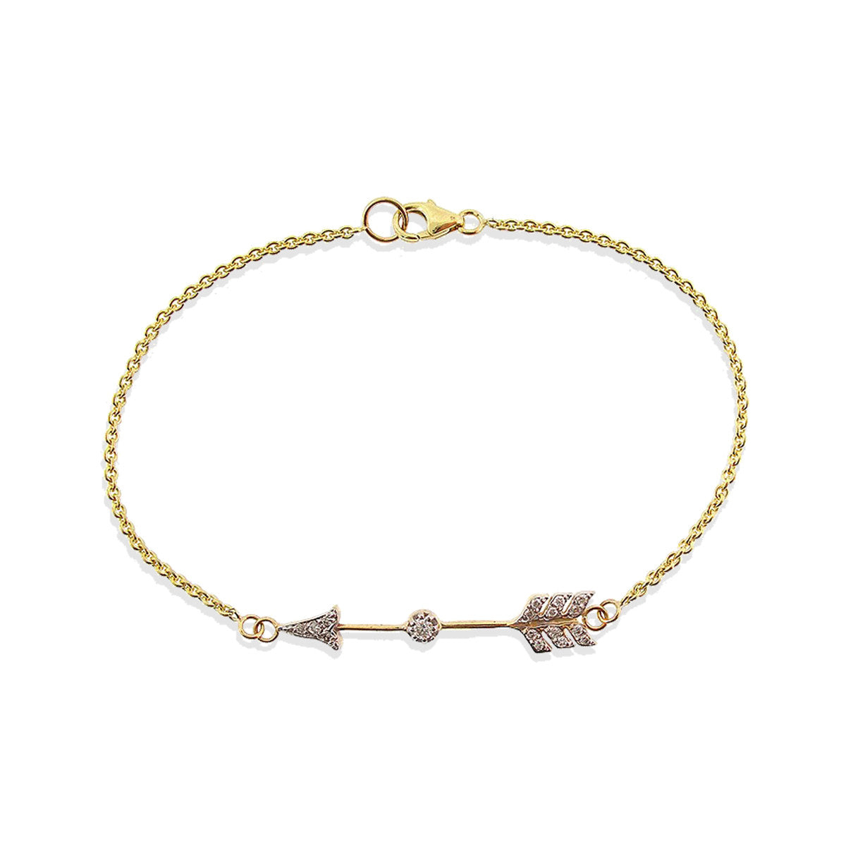14K gold arrow charm bracelet with pavé white diamonds on a delicate chain, handcrafted in NYC West Village