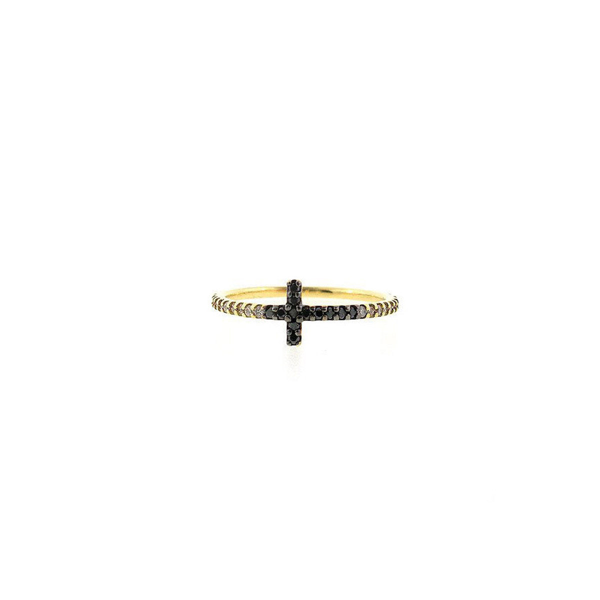 Eternity Cross women’s 18K gold ring with pavé black diamond cross and white diamond halo—a quiet statement of faith.