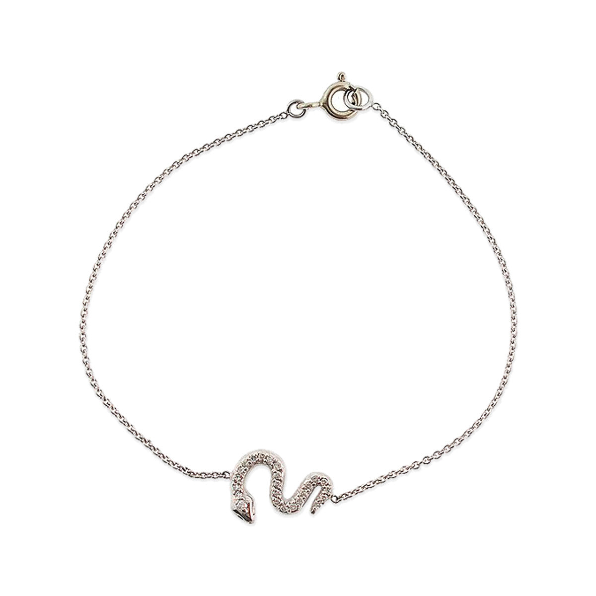 Diamond snake charm bracelet in 14K gold with pavé white diamonds, sinuous coil; handcrafted in NYC