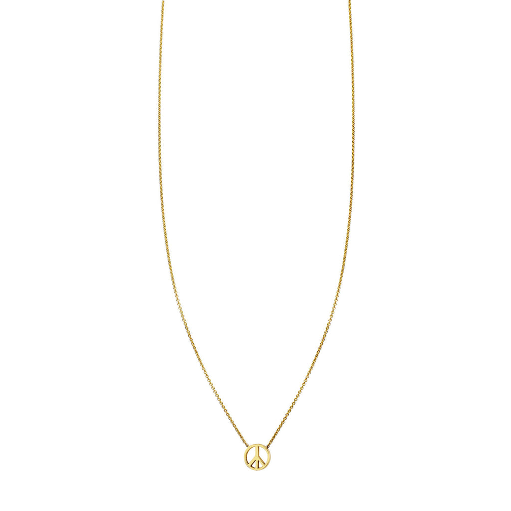 14k yellow gold peace sign mini charm necklace, handcrafted in NYC, symbolizing love, unity, and friendship