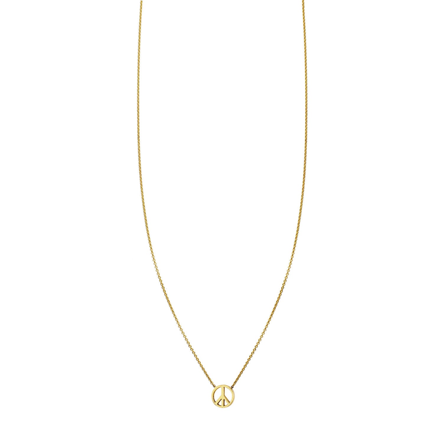 14k yellow gold peace sign mini charm necklace, handcrafted in NYC, symbolizing love, unity, and friendship