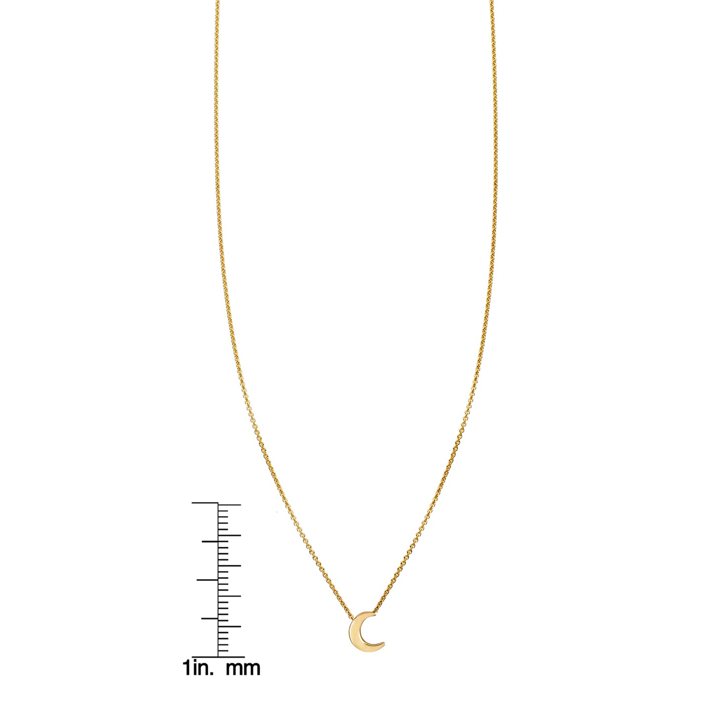Delicate petite gold moon necklace with ruler for size reference