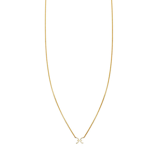 Solid gold Pisces zodiac necklace with leaping fish constellation pendant, available in yellow, white, or rose gold