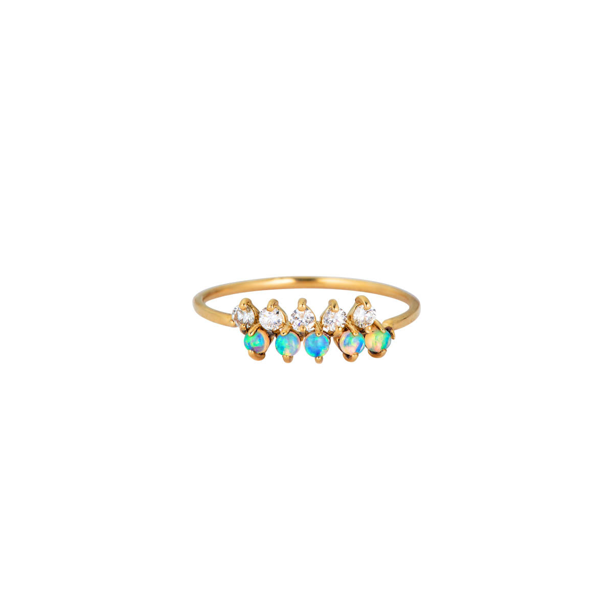 14k yellow gold prong-set ring with row of 3pt diamonds atop row of 3pt opals; limited edition, natural opal color may vary.