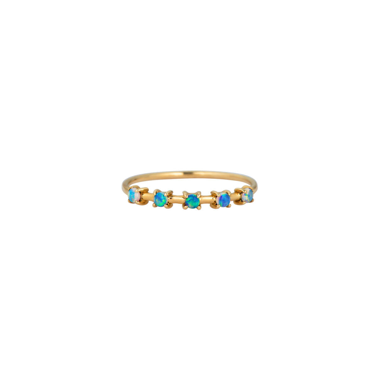 14k yellow gold prong-set opal ring with hand-set opals along the band; one-of-a-kind, opal hues vary.