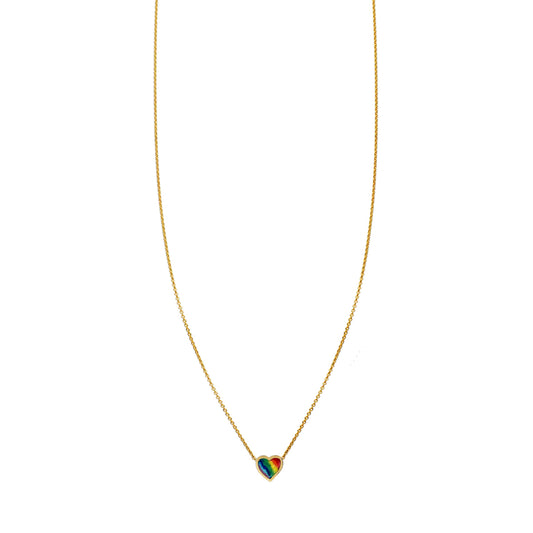 Rainbow enamel heart necklace in 14k gold with colorful inlay, petite 1-inch pendant on chain