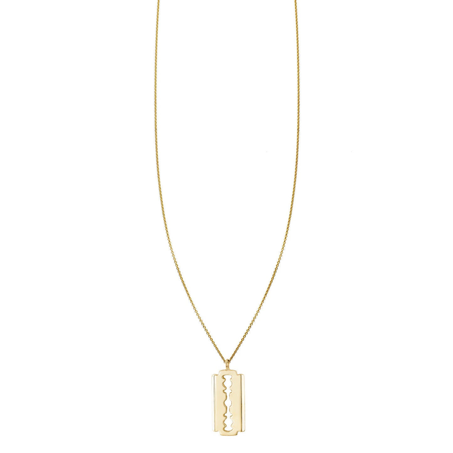 Sharp glint of 14k gold razor blade charm necklace, edgy chic style, handcrafted in NYC