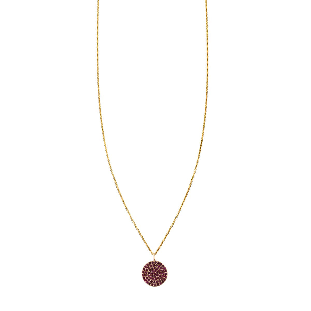 Red ruby medallion necklace on simple 14k gold chain, multiple inlaid stones, handcrafted in NYC by Phoenix Roze