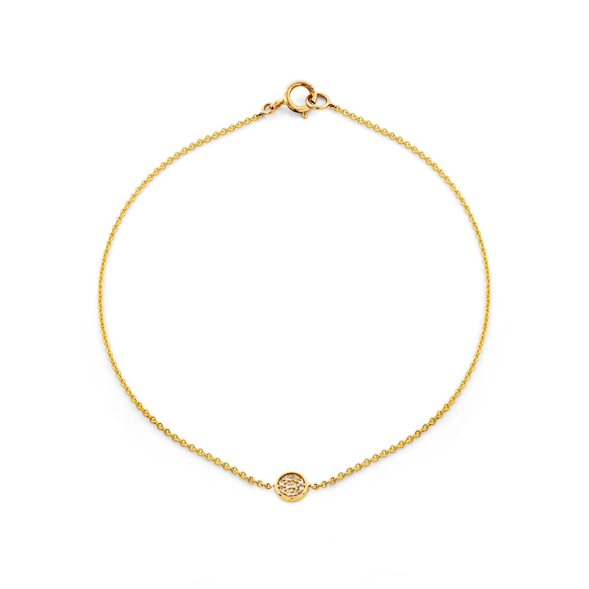Round gold diamond medallion bracelet, 14k solid gold with shimmering diamonds, handcrafted in NYC, 6.75 in length.