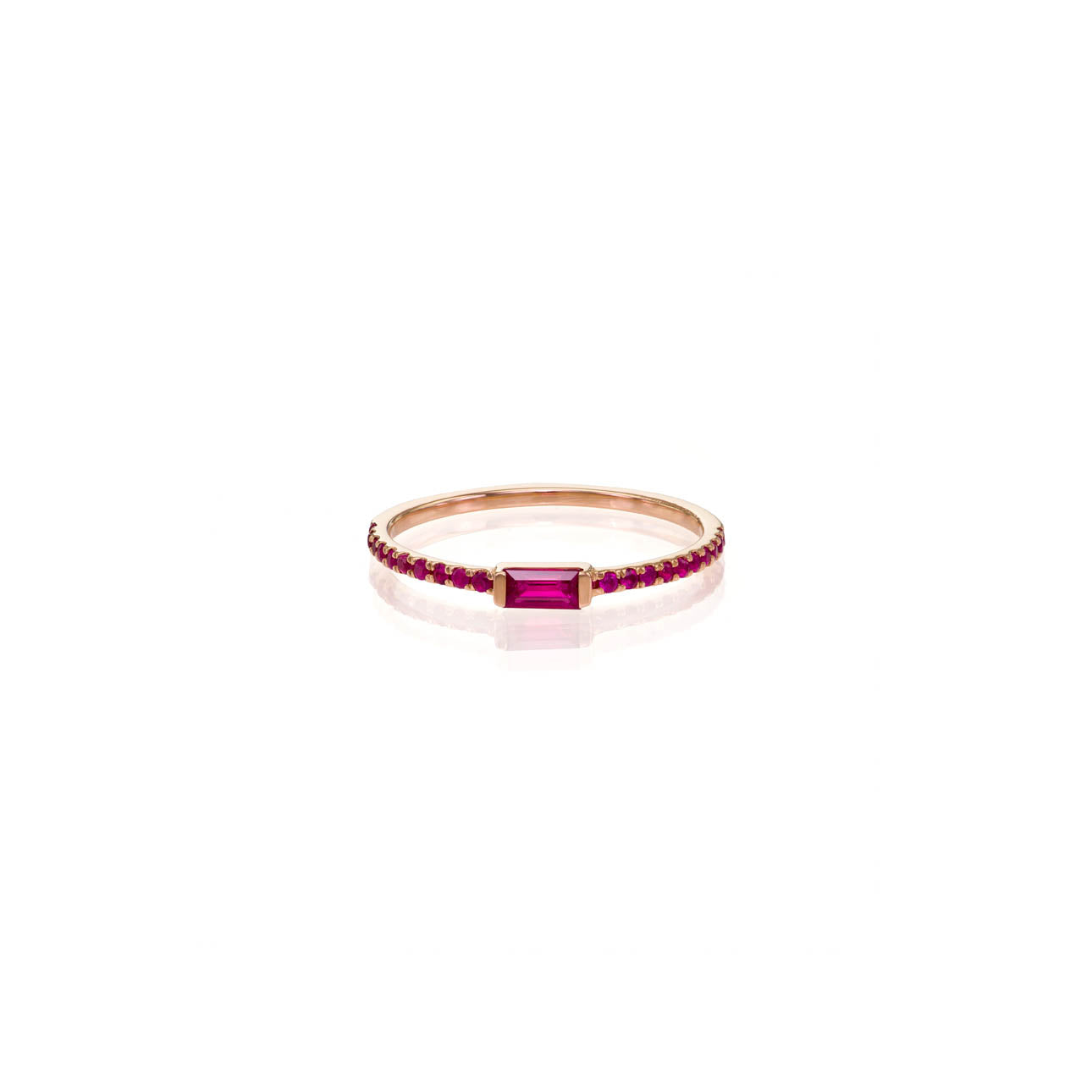 Ruby baguette ring in gold with 5mm baguette-cut center ruby and pavé rubies, available in yellow, white, or rose gold