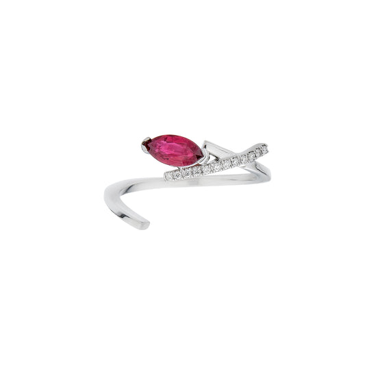 14k gold open band twist ring with .30ct ruby and pavé-set white diamonds; modern ruby-diamond hybrid design