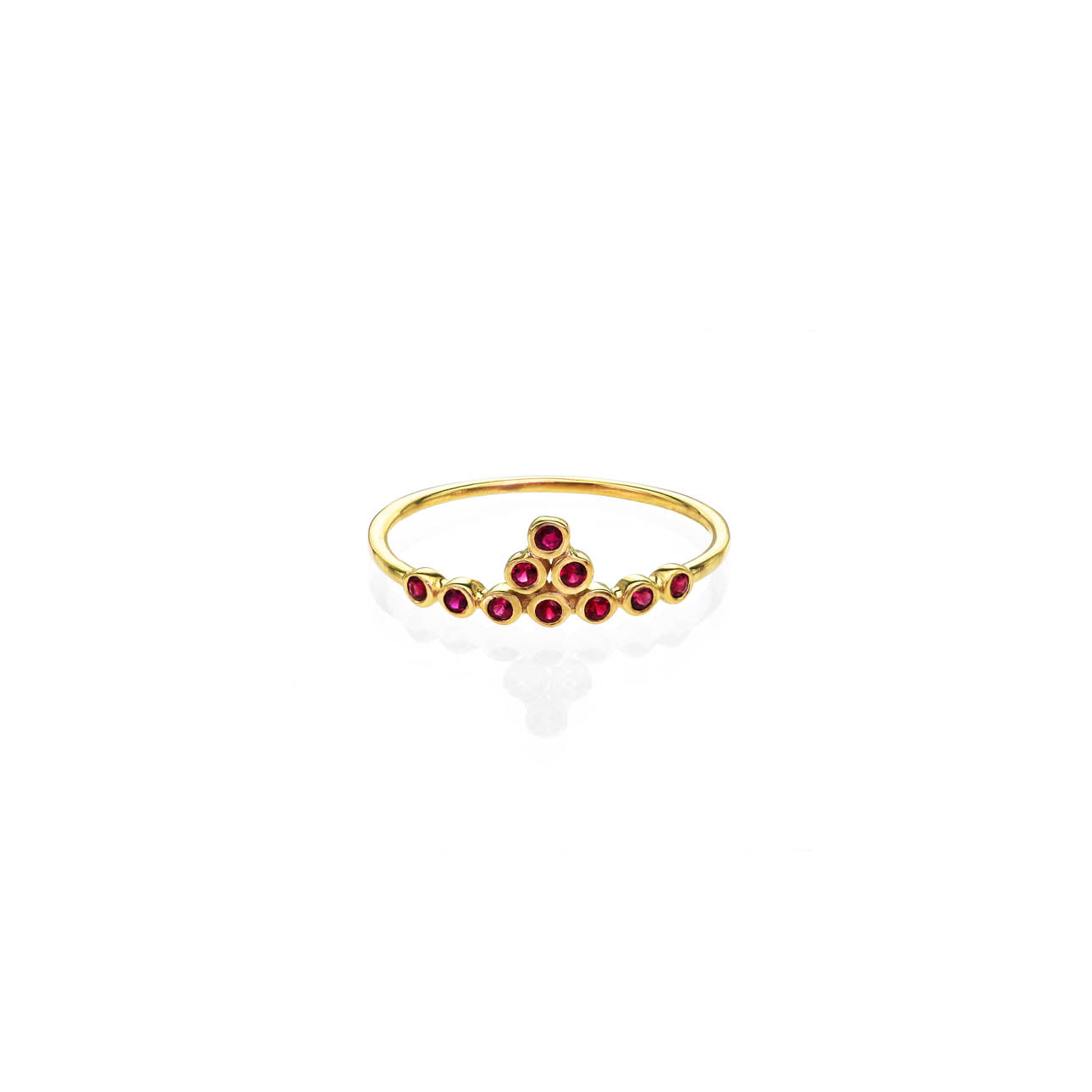 Ruby gold tiara ring featuring ten petite rubies on a delicate 1.2mm band, available in rose, white, or yellow gold